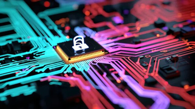 Close-up view of a computer circuit board featuring a secure lock symbol highlighting cybersecurity technology in a digital landscape