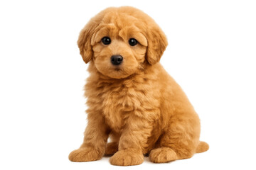 Adorable light brown goldendoodle puppy sitting, looking at camera, fluffy pet dog, transparent background