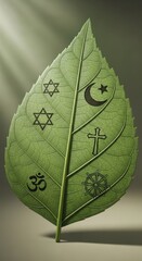 Green leaf with symbols of major world religions, concept of religious tolerance.