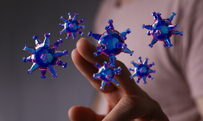 Abstract image showing conceptual representation of viruses and a hand. Illustration of health, disease, preve