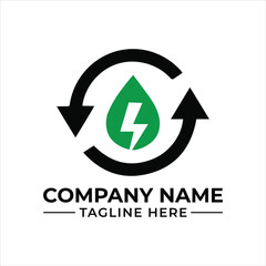 Green energy and recycling logo template featuring a water drop and lightning bolt