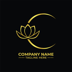 Fototapeta premium Elegant golden lotus flower outline logo with a curved crescent shape