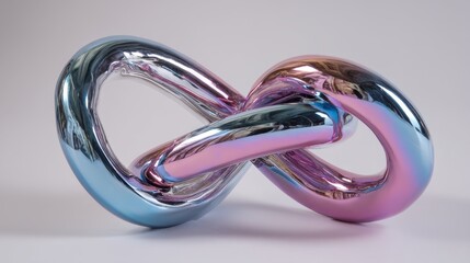 Fototapeta premium A shiny sculpture shaped like an infinity symbol sits on a light surface. The artwork features blue and pink colors that reflect light and create visual interest.