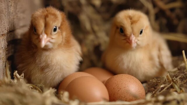 Two cute chicks sitting next to brown eggs in a cozy nest made of straw in a warm barn environment during daylight hours