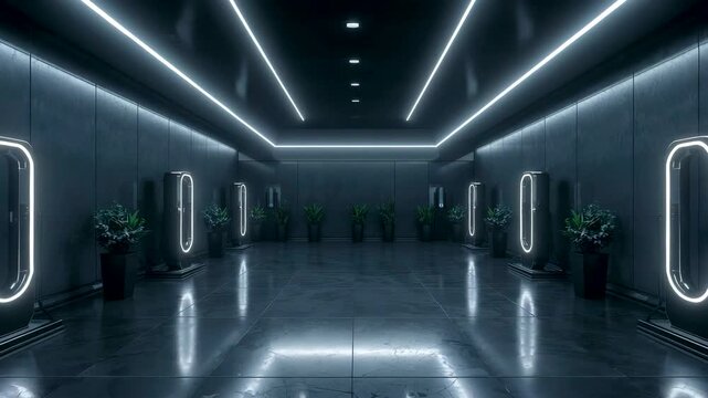 Empty modern corridor with reflective floor and continuous white LED ceiling lights