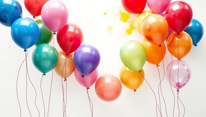 Watercolor painting of colorful balloons floating against a white background, colorful balloons, whimsical