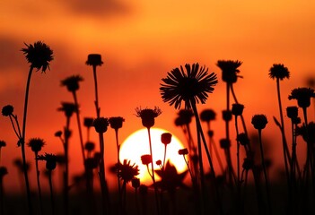Naklejka premium Silhouettes of various wildflowers against a sunset backdrop, showcasing delicate shapes and textures, autumn, sunset