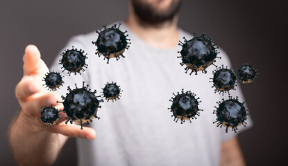 Artistic depiction of Coronavirus, symbolizing pandemic spread and threat. Abstract illustration of health ris