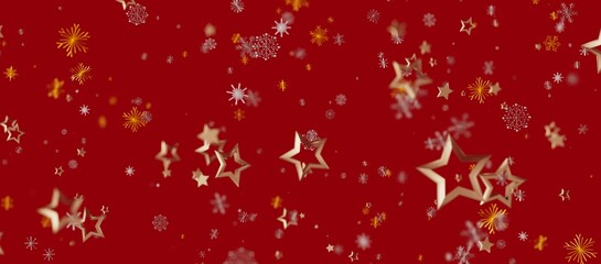 Christmas background with golden stars and snowflakes on a red backdrop. Perfect for holiday designs, winter greetings and celebrator © vegefox.com