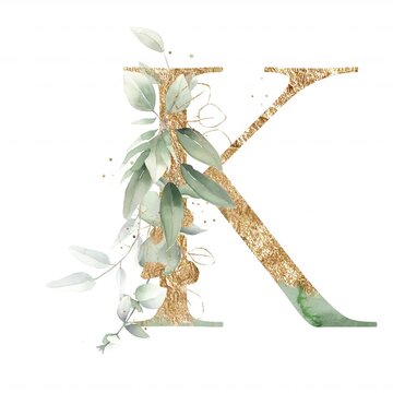 Letter K alphabet initial letter watercolor greenery foliage with line art delicate animation romantic illustrated alpha mask animation golden