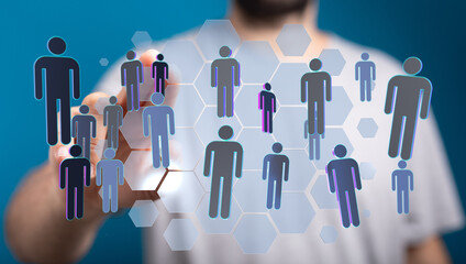 Digitally enhanced image of a hand interacting with a network of human figures. Concept of connection and commu