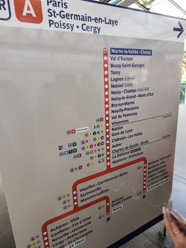 France, Paris - October 30, 2025: Disney Village Metro station map underground French station subway Scheme sign board