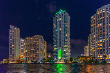 Skyscrapers in Miami Riverwalk at night