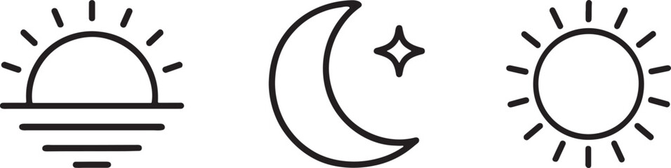 Day and night vector icons set with sun and moon symbols for UI themes and design projects.