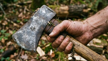 Close-up of Hand Holding Axe in Forest.