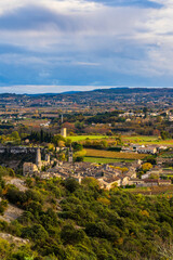 Medieval village of Aigu&egrave;ze along the Ard&egrave;che River in autumn seen from the cliffs