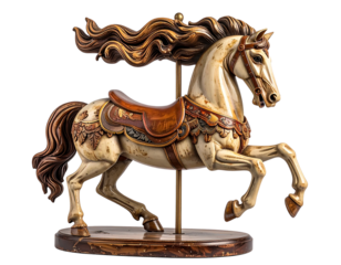 “Cheval de Manège Vintage en Bois, Carrousel Ancien, Isolé sur Fond Blanc” 