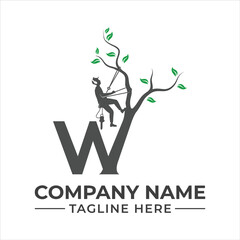 Professional tree arborist service logo concept featuring letter w and climbing silhouette