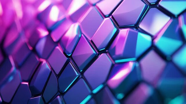 Abstract background showing a close up depth of field view of a modern textured surface with interlocking reflective metallic hexagons creating a vibrant blue and purple geometric pattern