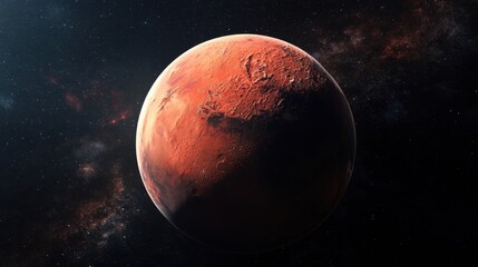 Fototapeta premium A red planet in the middle of the night sky. The planet is surrounded by stars and the sky is dark