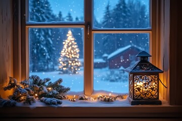 View through a romantic decorated window with lantern and candlelight to a romantically lit Christmas tree in the snow