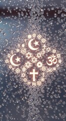 Diverse religious symbols, including christian cross and star of david, surrounded by bubbles.