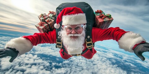 Santa Claus as a skydiver jumps to earth with a parachute and many gifts on his back