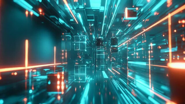 Abstract futuristic tunnel illustrating rapid data transfer and connection within a digital network, featuring glowing lines and cubes moving through virtual reality