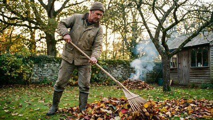 Man Raking Fallen Leaves in Garden During Autumn.