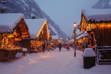 a romantically illuminated Christmas market in the evening with many stalls in deep snow