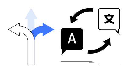 Transition arrows, language speech bubbles with letters and characters, symbolizing choices and multilingual communication. Ideal for translation, decision-making, global connection, education