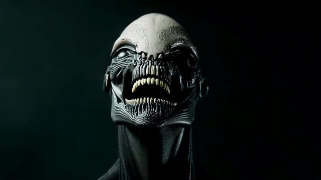 Dark humanoid creature head with open mouth sharp teeth and glossy skin against black background