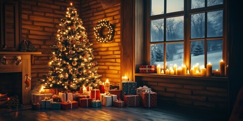 many presents lie under a beautifully decorated Christmas tree in the cozy living room on Christmas Eve