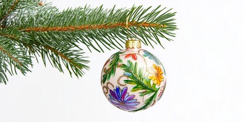 a beautifully decorated christmas bauble hanging on a fir branch over white background