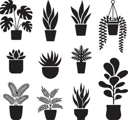 Potted Plant Silhouette Icon Set Featuring Indoor Houseplants, Hanging Plants, Tropical Foliage, and Decorative Botanical Pots in Black Vector Style
