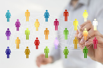 Concept of social network and global connections with colorful human icons. Community, teamwork, and digital in