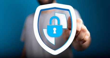 Obraz premium Concept of cybersecurity, data protection and digital privacy with a lock and shield icon. Illustration of the importance of security