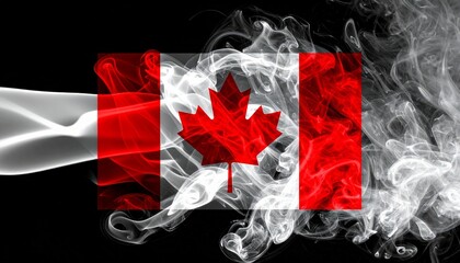 Canadian flag with red maple leaf and vertical red bars rendered in swirling red and white smoke on white background.