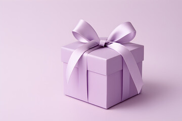 A lavender gift box wrapped with a matching ribbon bow sits on a soft pastel lavender background with a subtle shadow, giving a sense of depth and elegance to the scene.