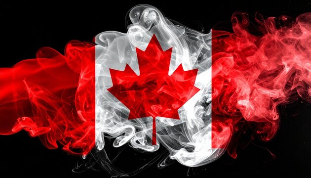 Canadian flag with red maple leaf and vertical red bars rendered in swirling red and white smoke on white background.