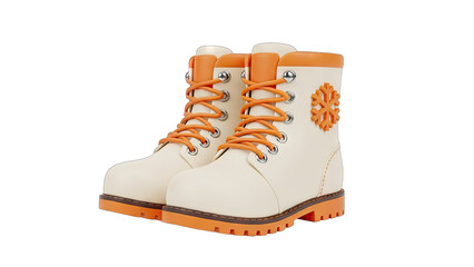Pair of cream colored winter boots with vibrant orange laces and soles detailed stitch work and snowflake emblem on the side isolated on a transparent background perfect for fashion or outdoor themes © hidaya