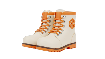 Pair of cream colored winter boots with vibrant orange laces and soles detailed stitch work and snowflake emblem on the side isolated on a transparent background perfect for fashion or outdoor themes