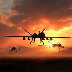 Obraz premium UAV combat drones silhouetted above clouds during sunset photo