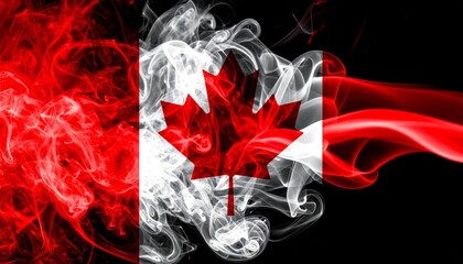 Canadian flag with red maple leaf and vertical red bars rendered in swirling red and white smoke on white background.