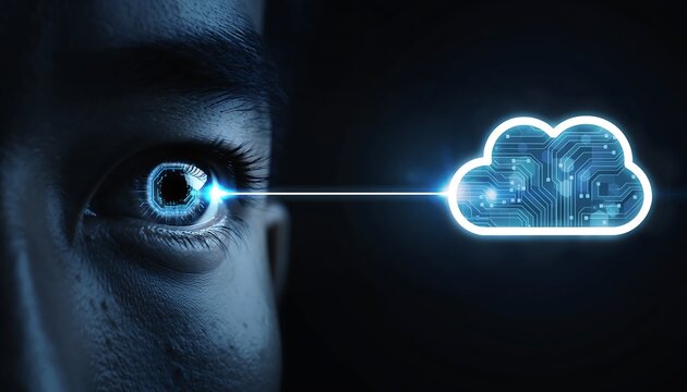 Extreme close-up of human eye with glowing digital cloud circuit interface, concept of future vision and data storage - Powered by Adobe