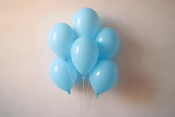 A group of six shiny light blue balloons tied together with white strings, floating against a blurred beige background with a subtle shadow effect, creating a sense of depth and dimension