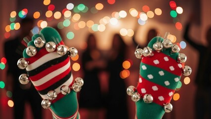 Two festive socks adorned with jingle bells, held up against a backdrop of blurred, colorful Christmas lights, creating a joyful holiday atmosphere.