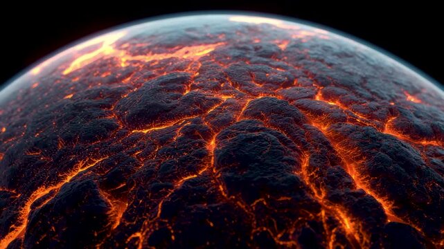 Close view of cracked planetary surface with glowing lava lines against dark space background