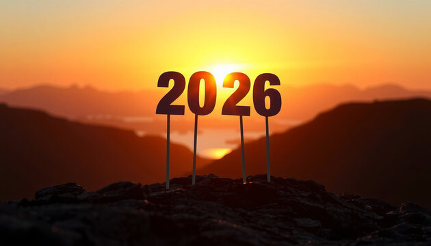 2026 new year Beautiful orange and gold sunset or sunrise mountain landscape with red clouds and sky nature