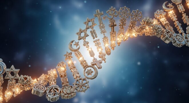 Religious symbols form a dna strand, representing the interconnectedness of faiths.